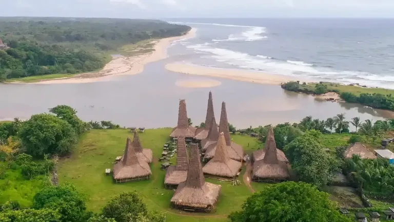 Aerial view of the towering thatched clan houses of Ratenggaro village near the coast of Southwest Sumba