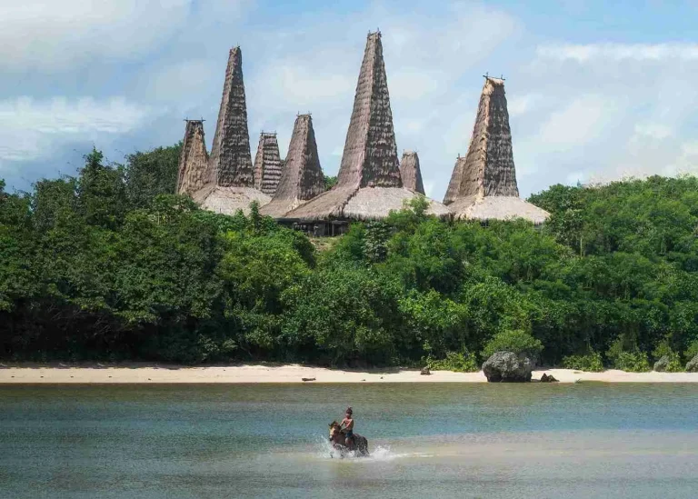 A horse and rider in the water in front of the traditional thatched houses of Ratenggaro, Southwest Sumba